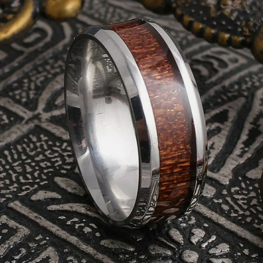 Black Tungsten Wood Inlay 8mm Wide Bevel Edge Band Ring
